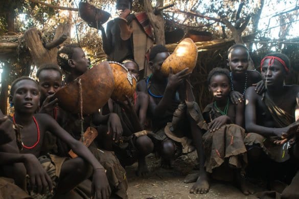Circumcised boys from the dassanech tribe staying together until they are healed, Omo valley, Omorate, Ethiopia