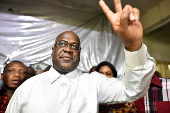 Felix Tshisekedi, leader of the Congolese main opposition party, the Union for Democracy and Social Progress who was announced as the winner of the presidential elections gestures to his supporters at the party headquarters in Kinshasa